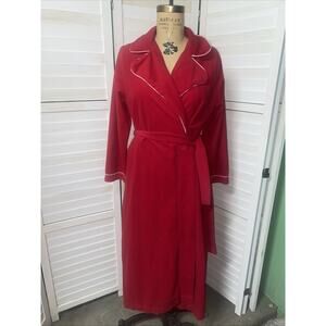 70s 80s Red Velour Fleece Belted Lounge Wear Tie Robe Maxi Length Large